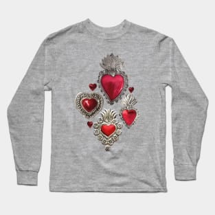 Mexican milagrito vibrant red heart silver folk art elegant pattern maximalist decoration Long Sleeve T-Shirt